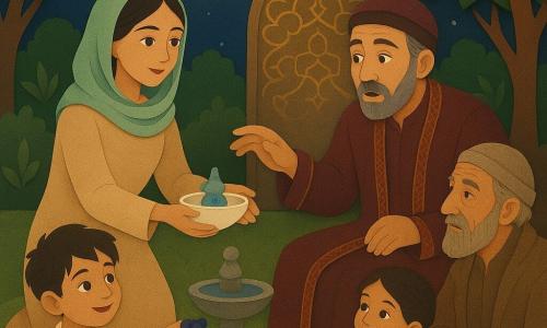 Adult woman (about 22) Laleh, soft face and calm smile, in a sand-colored dress and mint-green scarf, holds a white bowl with a blue stone lamp amulet toward a surprised, softened merchant (about 35) with a neat mustache and embroidered burgundy coat; a playful dusty-cheeked boy (about 7) in a cream shirt offers grapes, a curious braided girl (about 6) in a red patterned dress watches, and an elderly shepherd (about 60) with a graying beard sits receiving a colorful scarf; scene set in a moonlit oasis garden with tender green grass, a stone fountain, paper-cut foliage and pomegranate trees, colorful rugs and cushions in a circle, a faint moonlit doorway and golden arabesque motifs behind them; peaceful communal moment sharing bread, dates and water around the blue bowl, centered on Laleh and the bowl, warm palette (sands, ochres, reds, mint greens) with bright blue accents, paper-cut textures, flat shadows and sharp outlines in a One Thousand and One Nights style.