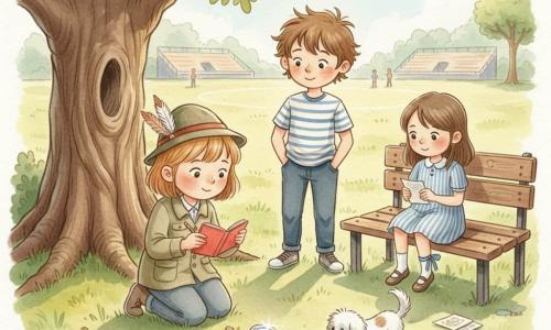 An 8-year-old girl, happy and focused, round freckled face and short light brown hair, wearing a feathered hat and khaki jacket, kneels by an old oak holding a small red notebook and a stubby pencil, her eyes sparkling at a shiny, muddy badge on the grass; her 9-year-old brother stands behind her, smiling and slightly teasing with messy brown hair and a striped tee, hands in his pockets; another shy, gentle 8-year-old girl named Kara sits on a nearby worn wooden bench in a blue striped dress with a blue ribbon tied at her ankle, watching and holding a small folded note; a small white dog, Pip, wags and sniffs near the badge; the bright park has grassy ground, large oak shadows, a distant football pitch and blurred stands, puddles glinting—the scene captures a warm, pastel watercolor moment of discovery and investigation with white gel-pen highlights on the badge.