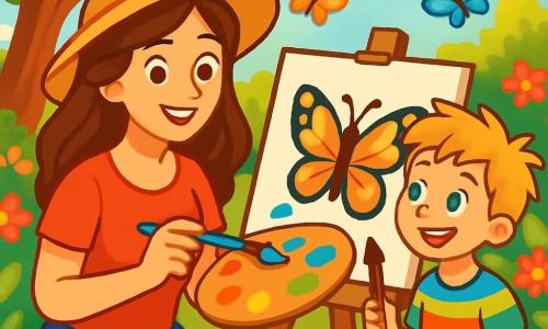 An artist woman, Miss Lily, is sitting at a wooden table in her garden, surrounded by vibrant flowers and lush greenery. She has long brown hair, a warm smile, and sparkling eyes full of creativity. She mixes bright colors on her palette with a joyful and focused expression. Beside her, a 7-year-old boy named Timmy watches in awe. He has messy blonde hair and wears a colorful striped t-shirt. Timmy holds a paintbrush in his hand, ready to paint, and looks at Miss Lily with admiration. The garden is bathed in golden light, with majestic trees and colorful butterflies flying around. Pots of bright flowers enhance the beauty of the setting, creating a joyful and inspiring atmosphere. The main scene shows Miss Lily teaching Timmy how to paint a beautiful butterfly as they share laughter and smiles, surrounded by the magic of art and nature.