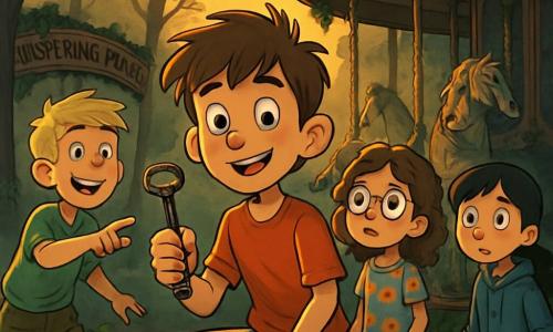 There are 4 children: Jake, an 11-year-old boy with messy brown hair and sparkling curious eyes, wearing a red t-shirt and denim shorts, stands in the center holding an old key. Mia, a 10-year-old girl with curly brown hair and round glasses, is in a flower dress, gazing in wonder at the carousel while slightly stepping back from Jake. Oliver, also 11, has blonde hair and a mischievous smile, dressed in a green t-shirt and cargo pants, stands to Jake's left, excitedly pointing at the carousel. Sophie, a 10-year-old girl with straight black hair in a ponytail, wears a blue hoodie and stands to Jake's right, wide-eyed, observing the mysterious shadows around them. The scene takes place in an old abandoned amusement park called "Whispering Pines," where rides are covered in ivy and rust, and a majestic yet dilapidated carousel stands in the center with horses frozen in dynamic poses. Tall, dark trees surround the area, their twisted branches creating a magical yet eerie atmosphere, while a gentle breeze rustles the leaves, producing strange whispers. The main situation shows the children discovering a hidden secret in the carousel. Jake, holding the key, is about to open a secret door at the base of the carousel, while his friends watch with a mix of excitement and apprehension, their faces illuminated by the golden light of the setting sun filtering through the trees.