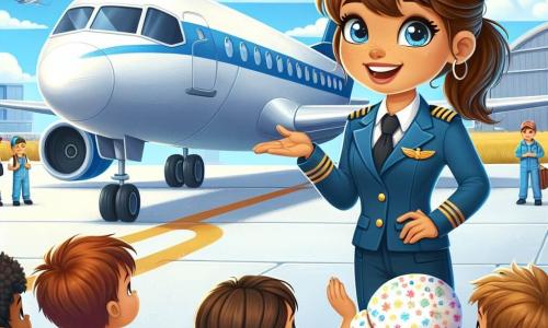 A cena mostra Sofia, uma piloto sorridente, vestida com um uniforme azul e um boné, em pé ao lado de seu avião brilhante sob o sol. Seus cabelos castanhos estão presos em um rabo de cavalo, e seus olhos brilham de excitação enquanto fala com um grupo de crianças. Entre elas, Lucas, um menino de sete anos com cabelos castanhos e olhos curiosos, está na frente, com as mãos na cintura, ouvindo Sofia atentamente e sorrindo. Ao lado dele, Emma, uma menina de seis anos com tranças loiras e um vestido colorido, levanta a mão para fazer uma pergunta, com os olhos brilhando de admiração. A cena acontece no pátio de um aeroporto movimentado, com aviões de diferentes tamanhos ao fundo e nuvens brancas em um céu azul radiante. Técnicos em uniforme trabalham ao redor dos aviões, trazendo vida ao ambiente. Sofia compartilha histórias fascinantes de suas aventuras no ar com as crianças, que estão fascinadas por seus relatos, ilustrando a magia da aviação e a inspiração que ela traz aos jovens sonhadores.