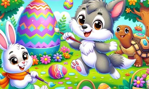 An illustration depicts a small wolf with big curious eyes and soft gray fur, overflowing with joy as it jumps happily, holding a colorful chocolate egg in its little paws. Next to it, a small bunny with large ears, white fur, and sparkling eyes smiles enthusiastically while holding a paintbrush and a palette, ready to decorate eggs. An old turtle, with a shell adorned with colorful patterns and wise eyes, watches with a kind smile, holding a small box filled with painted eggs. The main setting is a vibrant park with bright flowers, leafy trees, and a large shimmering egg at the center, surrounded by baskets filled with chocolates and Easter decorations. The main scene shows the little wolf and its friends participating in an egg painting contest, each expressing their creativity with bright colors and cheerful patterns while laughing and having fun together. Additional graphic elements include painted eggs of various colors scattered around, flower garlands hanging from tree branches, and a clear blue sky dotted with fluffy white clouds, creating a festive and joyful atmosphere.