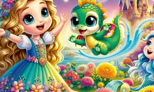 La princesa Sofía, una niña de unos 10 años, tiene largos cabellos dorados y ojos azules llenos de alegría. Lleva un vestido colorido adornado con flores y sonríe entusiasmada, sosteniendo en sus brazos a un pequeño dragón llamado Fluffy. Fluffy, un dragón de escamas verdes y ojos traviesos, agita sus alas con emoción, listo para volar. Junto a ellos está Coralina, una sirena de unos 8 años, con cabello ondulado de color aguamarina y una cola brillante de azul y violeta. Canta alegremente, rodeada de burbujas de agua, animando a Sofía y Fluffy. La escena tiene lugar en un jardín encantado, lleno de flores multicolores que bailan al viento, árboles de troncos dorados y mariposas luminosas que vuelan a su alrededor. En el fondo, se ve la silueta majestuosa de un castillo brillante bajo el sol. La situación principal muestra a Sofía, Fluffy y Coralina riendo juntos mientras intentan encender una fogata, creando una nube de humo que los envuelve en un torbellino de risas y magia.