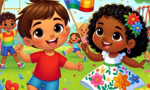 Um menino de 4 anos, Miguel, com cabelos castanhos e olhos brilhantes, sorri alegremente enquanto segura uma pequena bandeira colorida na mão. Ele veste uma camiseta vermelha e um short azul, cercado por outras crianças. Ao lado dele, Aisha, uma menina de 5 anos com cabelos negros cacheados e pele caramelada, dança rindo, vestida com um vestido colorido com estampas florais. Eles estão em um parque ensolarado, cheio de árvores verdes e flores vibrantes, com balanços e um escorregador ao fundo. A cena mostra Miguel e Aisha convidando outras crianças a se juntarem a eles para uma grande festa, celebrando a diversidade e a amizade, enquanto risadas e sorrisos iluminam seus rostos.