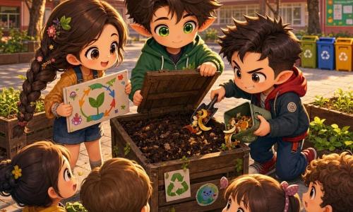 Un băiat (Dinu), chip rotund chibi, ochi verzi, păr brun încâlcit, deschide capacul unui compostor din lemn și arată un pământ brun, umed și sfărâmicios cu un zâmbet blând; o fată (Mara), chibi, cu părul lung împletit, zâmbitoare, ține un panou colorat MARO + VERDE și lipește autocolante, stând la stânga lui; un băiat mic și ghiduș (Vlad) ține o lopățică metalică și o cutie reutilizabilă și varsă coji de fructe în compost, ghemuit la dreapta; 2–3 copii mai mici, chibi, aduc frunze și cojiri împachetate, formând un semicerc în jurul compostorului; locul este curtea școlii la sfârșit de după-amiază, pavaj deschis, jardiniere din lemn cu răsaduri verzi, copaci cu frunze aurii, coșuri de reciclare colorate în fundal și un cer portocaliu blând, lumină caldă; acțiunea e convivială și pedagogică — deschiderea compostorului arată un strat bogat de sol, copiii depun straturi „maro” și „verde”, afișe simple și desene colorate, texturi clare și culori vii, atmosferă pozitivă.