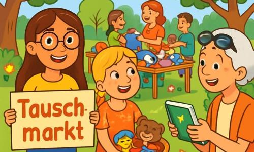 Es gibt 3 Charaktere: - Mia: ein 10-jähriges Mädchen mit langen braunen Haaren und runden Brillen. Sie trägt ein gelbes T-Shirt und eine Jeansshorts. Sie steht lächelnd und hält ein großes, buntes Schild mit der Aufschrift 