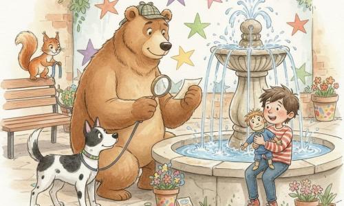 El personaje principal: un gran oso detective de pelaje marrón cálido, de mirada benigna y concentrada, agachado junto a la fuente reparada con una lupa y una nota arrugada; secundario 1: un niño, Nico, de cabello despeinado, aliviado y feliz, sentado a la derecha del oso abrazando una marioneta azul; secundaria 2: Lila, gata atigrada y delgada de ojos vivos y expresión traviesa, en un banco sujetando un trozo de cinta azul; secundaria 3: Sofía, una ardilla rojiza y vivaz, de pie sobre una maceta con salpicaduras de pintura, mirando al oso; secundario 4: Rayo, perro amistoso negro con manchas blancas, con correa, moviendo la cola a la izquierda; lugar: una soleada plaza de barrio con fuente de piedra, bancos de madera, un mural de estrellas en un muro, macetas y herramientas en el suelo; situación: reparación y reencuentro — celebran la marioneta recuperada y la fuente que vuelve a fluir, ambiente cálido, colores pastel suaves con pintura húmeda, salpicaduras de agua brillantes y reflejos blancos.