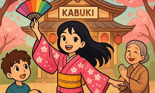 Una joven, Akiko, se encuentra en el centro del escenario, con una sonrisa radiante y ojos llenos de determinación. Su largo cabello negro como la noche flota suavemente al viento, y lleva un kimono tradicional con motivos de flores de cerezo, vibrante en rosa y blanco. Está bailando alegremente, con un abanico colorido en la mano, mientras invita a los niños del pueblo a unirse a ella. A su lado, un niño de unos 8 años, con cabello castaño despeinado y ojos curiosos, observa maravillado, sosteniendo un pequeño tambor de madera. Más lejos, una anciana, probablemente en sus sesenta, con cabello gris y un rostro arrugado pero sonriente, aplaude con entusiasmo, sentada en un banco de madera. El teatro, antiguo y encantador, está rodeado de grandes árboles de cerezo en flor, cuyas pétalos caen como nieve rosa. Las paredes del teatro están adornadas con farolillos de papel colorido, iluminando el lugar con una suave luz dorada. La escena principal muestra a Akiko y los niños bailando juntos, celebrando el regreso del kabuki, llenos de alegría y energía, mientras el público los observa con rostros maravillados, creando una atmósfera festiva y mágica.