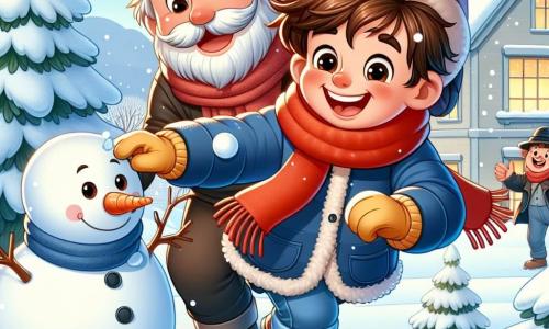 Um menino de 6 anos, Miguel, com cabelos castanhos bagunçados e bochechas rosadas, usa um grande casaco azul, um cachecol vermelho e luvas amarelas. Ele sorri alegremente, com os braços levantados, fazendo um boneco de neve em um jardim coberto de neve cintilante. Ao seu lado, seu pai, um homem de cerca de 30 anos com barba castanha e um gorro preto, ri enquanto lança uma bola de neve em direção a Miguel, pronto para brincar. Ao fundo, árvores cobertas de neve e uma casa aconchegante com fumaça saindo da chaminé acrescentam um toque de magia invernal. A cena mostra Miguel em ação, cercado de neve, com flocos caindo suavemente do céu, criando uma atmosfera alegre e festiva.