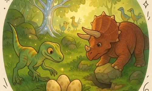 Un velociraptor attento e coraggioso, scaglie verde chiaro con striature ocra, occhi espressivi, inclinato e con coda in equilibrio mentre guida con zampa e coda tre grandi uova crema e marrone macchiettate in una nassa di muschio e foglie; un massiccio triceratopo chiamato Thar, corazza bruno-rossiccia e corna imponenti ma sguardo dolce, inginocchiato accanto a una piccola crepa mentre spinge una roccia per stabilizzare il pendio; sullo sfondo alcuni piccoli dinosauri piumati, colorati e curiosi, che osservano a distanza; radura circolare segreta con morbida erba a cuscini, licheni, un albero fossile dal tronco argentato e rami cristallini, lucciole fluttuanti e rocce muschiose; scena centrale di salvataggio dolce e eroico al crepuscolo dorato, atmosfera calda e solidale, composizione semplice e adatta ai bambini.
