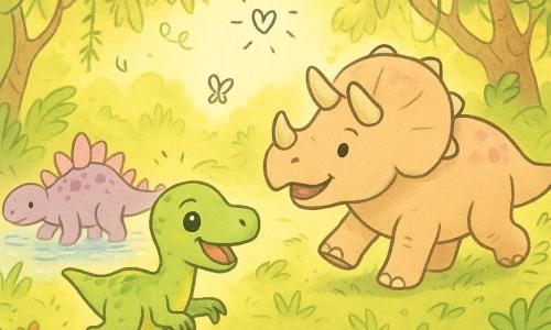 Un piccolo velociraptor sorridente dagli occhi rotondi e lucenti, piumaggio verde tenue con tocchi gialli, postura gioiosa che corre saltellando sulla muschia; un grande triceratopo amichevole, pelle beige con riflessi rosati e corna arrotondate, che corre accanto sollevando una nuvola di foglie; uno stegosauro timido con piastre rosa e viola che schizza delicatamente l'acqua di un lago poco profondo sullo sfondo; la scena in una foresta luminosa di felci giganti, alberi dai tronchi contorti coperti di liane e piccoli fiori colorati, il sole basso che dorato filtra tra le foglie e qualche farfalla; i tre dinosauri giocano insieme vicino a un lago scintillante, con risate rese da piccole note grafiche e doodle di cuori e stelle intorno a loro.