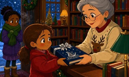 Una bambina di 8 anni, Livia, sorridente ma timida, capelli castano chiaro raccolti in una coda, guance arrossate dal freddo, con un cappotto rosso, tiene contro il petto un libro blu notte legato da un nastro argentato; una bibliotecaria di circa 50 anni, capelli grigi raccolti in uno chignon, occhiali rotondi e maglione con renna, tende le mani per riceverlo dietro un bancone di legno; un'altra bambina di 8 anni, Nora, osserva timidamente dalla porta con una sciarpa verde e le mani serrate; interno di una piccola biblioteca di paese con scaffali scuri pieni di libri, tappeto rosso, decorazioni natalizie e una finestra ghiacciata con neve fuori; luce calda e dorata, vapore del respiro vicino alla porta; scena centrale: lo scambio del libro con gesti delicati e sguardi complici, atmosfera accogliente e festiva; stile grafico anni ’90, colori saturi, contorni netti, espressioni accentuate, composizione incentrata sulle mani che si scambiano il libro.