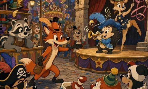 Lucid, a slim elegant anthropomorphic fox with shiny red fur and mischievous eyes, wearing a small satchel and an orange feathered hat, smiles confidently and reaches forward as if encouraging; Pip, a playful young hedgehog, small and round in a sparkly jacket, wide-eyed with animated brows and a large blue feathered hat with a tinkling bell, plays a trumpet on stage beneath an arch; a deer in a starry costume with a small green hat between her antlers stands in the background twirling a ribboned baton with a relaxed radiant face; a raccoon hat vendor with gray fur and a leather apron watches from a colorful stall at left, kindly pressing a paw to the counter; the arcade square is paved with large old stones, beige stone arches, multicolored pennants and hanging lanterns casting warm light, striped banners and a distant glittering comet float; main scene: lively carnival atmosphere, Pip laughs as he plays a bouncy tune while the hat bell sends out little drawn sound waves and the costumed crowd (pirates, giant teacups, clowns) applauds—movement, joy, and saturated colors.
