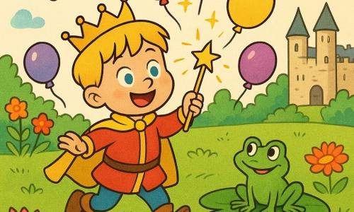 Un prinț băiat zâmbitor și uimit, păr blond ca grâul, ochi albaștri, poartă o tunică roșie cu mantou auriu, agită o baghetă magică strălucitoare și râde sărind; o broscuță verde jucăușă stă pe un nufăr la dreapta lui, invitând la joacă; baloane colorate (roșu, galben, albastru, violet) plutesc în jur, unele se transformă în prăjituri pufoase cu scântei; fluturi portocalii și albaștri zboară deasupra unei grădini de castel fermecate cu peluză verde, nufăruri mari într-un iaz strălucitor, flori vii și un castel vechi din piatră deschisă în fundal; scenă veselă de început de seară, lumină caldă, trăsături rotunjite și moi.
