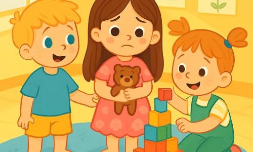 Es gibt drei Charaktere: Mila, ein 4-jähriges Mädchen mit langen braunen Haaren und funkelnden Augen, trägt ein rosa Kleid mit Blumenmustern und hält einen kleinen Teddybär. Sie steht in der Mitte des Bildes mit einem traurigen, aber getrösteten Ausdruck. Paul, ein 4-jähriger Junge mit zerzausten blonden Haaren und blauen Augen, trägt ein blaues T-Shirt und gelbe Shorts. Er steht links von Mila, lächelt sie an und hält ihre Hand. Leni, ein 4-jähriges Mädchen mit roten Zöpfen und Sommersprossen auf der Nase, trägt eine grüne Latzhose und ein gestreiftes T-Shirt. Sie steht rechts von Mila und spielt mit bunten Bauklötzen. Die Szene spielt in einem hellen, fröhlichen Klassenzimmer mit gelben Wänden und Kinderzeichnungen. Der Boden ist mit weichen Teppichen bedeckt und es gibt verstreute Spielsachen. Die Hauptsituation zeigt Mila, Paul und Leni, die zusammen spielen, um ihre Traurigkeit zu vergessen. Mila lächelt schüchtern mit ihrem Teddybär, während Paul und Leni ein großes Schloss aus Blöcken bauen. Die Kinder sind von lebhaften Farben umgeben und die Atmosphäre ist warm, was Freundschaft und Unterstützung in der Angst vor der Abwesenheit ihrer Mütter verdeutlicht.
