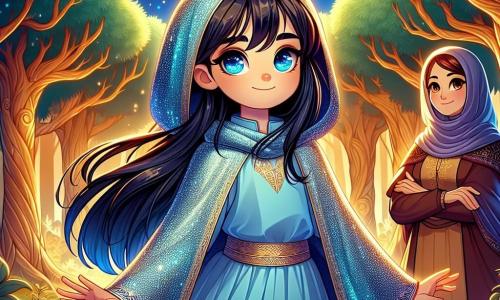 Ninsun, una giovane con lunghi capelli neri e occhi brillanti come stelle, si erge coraggiosamente al centro della scena. Indossa un mantello blu scintillante che fluttua intorno a lei, e il suo viso esprime una determinazione splendente. Al suo fianco, sua madre Shamhat, una donna di circa trent'anni con capelli castani e uno sguardo dolce ma fermo, la incoraggia con un sorriso rassicurante, osservando con orgoglio. Lo sfondo è una foresta incantata, con alberi maestosi dai tronchi dorati che si ergono verso un cielo stellato, privo di luna, avvolgendo il luogo in un'ombra misteriosa. Lucciole brillano intorno a loro, aggiungendo un tocco di magia all'atmosfera. Ninsun, determinata, alza il suo bastone magico verso il cielo scuro, pronta ad affrontare l'oscurità per riportare la luce.