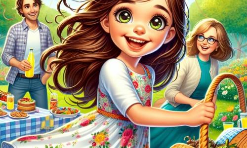 Uma menina de 10 anos, Clara, com longos cabelos castanhos e olhos brilhantes de curiosidade, sorri alegremente segurando uma grande cesta cheia de deliciosas guloseimas para um piquenique. Ela usa um vestido colorido com flores que dança com o vento, e seu rosto irradia excitação e amor. Ao seu lado, sua mãe, uma mulher de cerca de 35 anos, com cabelos castanhos e um sorriso caloroso, está maravilhada com a surpresa que sua filha preparou. Ela veste uma blusa leve e jeans, olhando para Clara com olhos brilhantes de orgulho. O pai de Clara, um homem de cerca de 40 anos, com uma barba leve e óculos, está um pouco afastado, segurando uma garrafa de limonada e um grande sorriso no rosto, pronto para ajudar. A cena acontece em um parque verdejante, cheio de flores coloridas e grandes árvores, sob um céu azul brilhante. Balões flutuam suavemente no ar, e guirlandas de cores vibrantes decoram o espaço, criando uma atmosfera festiva e alegre. Clara, cheia de entusiasmo, anuncia à mãe que organizou um piquenique surpresa para o Dia das Mães, enquanto o pai, divertido, se prepara para servir a limonada, contribuindo para a alegria deste dia especial.