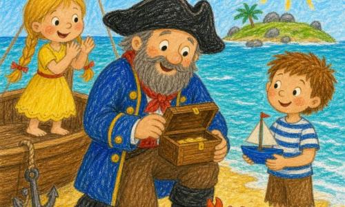 A kind smiling pirate with a round face, short gray beard and wide black hat kneels on textured golden sand opening a small wooden box and finding a red scarf and a small blue toy boat; an ~8-year-old boy with short brown hair and a striped shirt stands near the shore holding a blue toy boat and admiring the pirate, a ~7-year-old girl with blond pigtails in a yellow dress claps happily on the low deck of a small anchored wooden boat to the left, a small red-orange crab scuttles near the pirate’s boot, tiny lush island with short green grass, rounded gray rocks, calm turquoise sea with small white waves, light blue sky and soft yellow sun, warm safe atmosphere, bright colors, simple rounded shapes and visible crayon texture.
