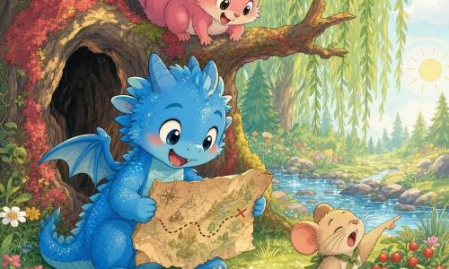 A small fluffy blue dragon with sparkling scales and round cheeks holds an old crumpled map and looks at the ground; a pink fluffy squirrel with round mischievous eyes smiles and perches on a low branch of a mossy hollow trunk, enthusiastically watching the dragon; a sleepy but awakened beige mouse with fine whiskers points the way toward the sun near a red berry bush; a bright green forest with tall grass, colorful wildflowers, a moss-covered hollow trunk, a sparkling stream with round stones and a weeping willow; warm light and sun patches; the dragon and squirrel discover the map together at the trunk—squirrel above on the branch, dragon crouched—both joyful and curious, a hidden-treasure feeling, soft pastel colors, rounded shapes and clean outlines.