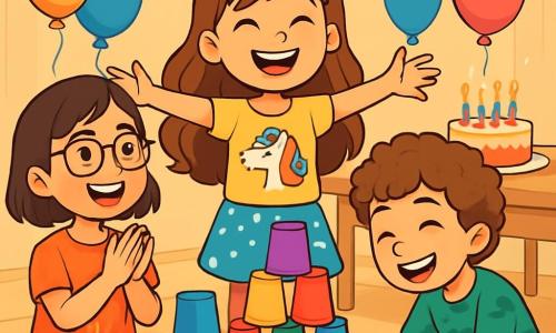 A 10-year-old girl, Maya, with long wavy brown hair and a bright smile, stands in the center with her arms open, full of joy and excitement. She wears a colorful t-shirt featuring a unicorn and a polka dot skirt. Next to her, Noor, a 10-year-old girl with short hair and glasses, enthusiastically claps, her eyes sparkling with happiness. Mateo, a 10-year-old boy with curly hair wearing a dinosaur-patterned t-shirt, bends down to pick up a fallen cup, laughing with his friends. The scene takes place in a bright community room decorated with colorful balloons and sparkling garlands, with a large table in the center filled with multicolored plastic cups and a birthday cake adorned with candles. Maya and her friends are building a cup tower, all focused and having fun, while a gentle breeze slightly moves the decorations, adding a touch of magic to the festive atmosphere.