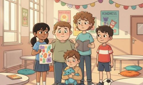 A 12-year-old boy (Jamie) with a round face and freckles, anxious but determined green eyes, a shy smile, hands gently on another boy’s shoulder; a younger boy (Ethan, about 10) with tousled brown hair, relieved and slightly flushed, sitting hunched on a chair hugging a small stuffed toy; a 12-year-old girl (Maya) with black pigtails, warm encouraging expression, standing next to Jamie holding a colorful poster; a 12-year-old boy (Leo), tall with curly hair, standing behind the group with an open notebook and attentive gaze; a 12-year-old boy (Alex) in a sports T-shirt, smiling protectively with a ball at his feet at the rear right of the group; the scene is in a decorated school meeting room—cream walls, large windows, kindness posters, paper garlands, round tables, and bright orange and turquoise cushions; main situation: a small circle of classmates gathered around Ethan with soothing gestures and supportive looks, warm sunlight, solidarity replacing isolation.