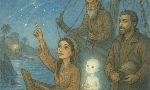 A calm, determined woman named Amira, braided black hair under a light veil and wearing an ocre-and-blue patterned robe, points a luminous star chart above a small dinghy while a small glowing childlike djinn with dawn‑colored translucent skin and black pearl eyes floats nearby smiling and offering a breadcrumb; Merchant Jabir (~65), wrinkled with a long gray beard and wearing a worn earth-toned robe, stands on the deck of the stranded ship The Nightingale clutching a rope, and a robust captain (~40) in a sea-stained leather jacket, holding a simple helmet, leans toward the prow listening hesitantly; the ship is lodged among black, toothlike reefs with cracked planks, taut rigging and only one flickering lantern, against a night harbor of palms, hanging oil lamps and warm stone walls with moonlight silvering the dark water and stars tracing a blue‑silver path on the sea — mood: tense yet hopeful, dominated by indigo, pale gold and ochre, rendered in delicate lines and watercolor textures for a soft magical atmosphere.