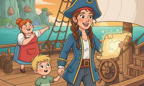 A smiling, determined female pirate captain in her thirties with braided brown hair, a slightly oversized hat and a blue jacket with gold buttons holds a parchment map that seems to move and whisper; luminous face, sparkling eyes, confident stance at the ship’s railing. To her left on deck, Pip, a small blond-haired boy of about 8 with tousled hair and a face full of wonder, holds the captain’s hand and looks at the map. In the background near the rigging, Rosie the cook, about 28, round and cheerful with red hair in a bun and a red apron, applauds and points to the horizon. Close-up graphic view of The Merry Turtle’s deck: grained wood, twisted ropes, wooden wheel, billowing white sail and gulls in the sky. In the distance, Echoes Island with green cliffs, a crystal-bright cave and rocks shaped like noses and a shell; a turquoise sea under an orange sunset sky. Main scene: the crew discovers a magical animated map on deck at sunset, warm adventurous mood, saturated colors, simple readable shapes, crisp lines and soft contours, composition centered on the captain and the map.