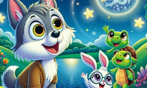 Wally, a small wolf with bright, big eyes and soft gray fur, stands on a green hill with his ears perked up and a big smile, mesmerized by the starry sky. Next to him, Bella, a small rabbit with round glasses and white fur, jumps for joy, her eyes sparkling with excitement, holding a book about stars. Timmy, a green turtle with a colorful shell, stands a bit back, smiling wisely while admiring the sky. The scene takes place on a hill overlooking a sparkling lake, surrounded by colorful flowers and tall trees with golden leaves, under a night sky filled with bright, dancing stars. The main focus shows Wally and his friends, in awe, making wishes on the stars, while joyful extraterrestrial creatures called Zorbs dance around them, creating a magical and friendly atmosphere.