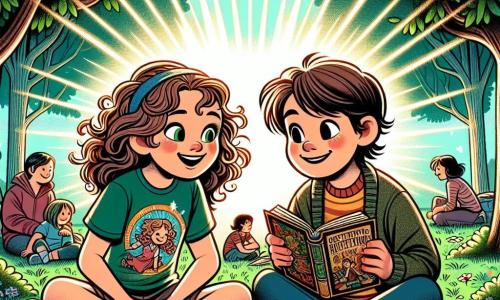 Au centre da imagem, uma menina de 12 anos, Ana, com cabelos cacheados e olhos brilhantes de curiosidade, está sentada na grama verde de um parque. Ela usa uma camiseta colorida e um short, e seu rosto expressa grande alegria e entusiasmo enquanto lê um livro antigo sobre aventuras. Ao lado dela, Lucas, um garoto de 12 anos com cabelos castanhos e olhos suaves, está sentado de pernas cruzadas, sorrindo e olhando para Ana com admiração. Ele veste um suéter desgastado e um jeans, segurando outro livro nas mãos. O parque está cheio de grandes árvores com folhas vibrantes, e raios de sol filtram-se através dos galhos, criando padrões luminosos no chão. Ao fundo, famílias se reúnem em torno de barracas de jogos e comida, adicionando uma atmosfera festiva à cena. A situação principal mostra Ana e Lucas compartilhando um momento de cumplicidade, imersos na leitura, cercados pela energia alegre do parque, simbolizando a amizade e a solidariedade no coração de sua aventura.
