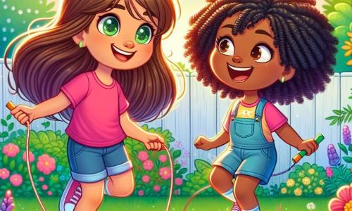 An 8-year-old girl with long brown hair and sparkling eyes joyfully smiles while jumping rope in a lush garden. She wears a pink t-shirt and denim shorts, her face radiating excitement and happiness. Next to her, another 8-year-old girl with curly black hair and caramel skin laughs as she clumsily tries to jump rope, filled with enthusiasm. They are in a sunny garden filled with colorful flowers and leafy trees, with a white fence in the background. The scene captures a moment of sharing and friendship, where the two girls support and enjoy each other, illustrating the beauty of tolerance and acceptance of differences.