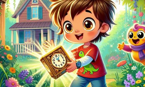 Um menino de 4 anos, Lucas, com cabelos castanhos bagunçados e olhos brilhantes de curiosidade, está no centro da imagem, sorrindo maravilhado enquanto descobre uma caixa mágica brilhante. Ele usa uma camiseta vermelha com um dinossauro estampado e um short azul. Ao seu lado, o Guia Temporal, uma criatura amigável parecida com um pequeno robô colorido, com olhos redondos e um sorriso caloroso, flutua no ar, apontando para a caixa com entusiasmo. O cenário é um jardim ensolarado, cheio de flores coloridas e árvores verdes, onde a luz do sol filtra pelas folhas, criando sombras dançantes no chão. No fundo, há uma pequena casa de madeira, acrescentando um toque de charme ao ambiente. A cena principal mostra Lucas e o Guia Temporal se preparando para ativar a caixa mágica, cercados por uma aura cintilante, prontos para embarcar em uma aventura no tempo. A expressão de Lucas é cheia de excitação e curiosidade, enquanto o Guia Temporal parece ansioso para começar a viagem.