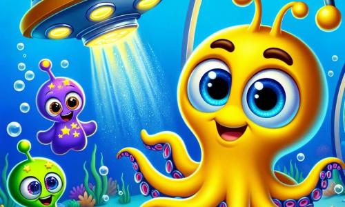 Um pequeno polvo amarelo brilhante, chamado Pipo, com grandes olhos redondos e um sorriso curioso, está observando uma nave espacial prateada que desce lentamente para o fundo do oceano. Seus braços estão espalhados ao seu redor, segurando instrumentos científicos brilhantes. Ao lado dele, três extraterrestres coloridos flutuam alegremente: um extraterrestre azul com antenas em espiral e um largo sorriso, um extraterrestre verde com olhos brilhantes e pele cintilante, e um extraterrestre roxo com estrelas em seu corpo, todos exibindo expressões de admiração. Eles estão se aproximando de Pipo, curiosos para descobrir seu mundo subaquático. O local é um laboratório subaquático iluminado, cheio de bolhas de ar e corais coloridos, com janelas que dão para um oceano azul profundo salpicado de peixes multicoloridos. A cena principal mostra Pipo, animado e um pouco nervoso, recebendo seus novos amigos extraterrestres que acabaram de pousar, prontos para explorar juntos as maravilhas do oceano.