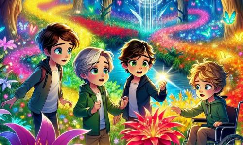 Într-un parc magic, patru băieți stau în cerc, fascinați de flori colorate care dansează în jurul lor. Andrei, un băiat de 10 ani cu părul brun și ochi strălucitori, se apropie de o floare luminoasă, cu un zâmbet uimit pe față. La dreapta lui, Luca, un băiat de 9 ani cu ochelari și păr blond ciufulit, observă cu atenție florile, având un aer intrigat. La stânga, Matei, un băiat de 11 ani în scaun cu rotile, privește cu curiozitate, ochii săi strălucind de determinare. În cele din urmă, Alex, un băiat de 10 ani cu părul negru și pielea măslinie, ridică o lanternă, pregătit să lumineze misterul. Parcul este plin de flori strălucitoare, cu petale sclipitoare care par să vibreze sub o briză blândă. Copacii măreți înconjoară spațiul, frunzele lor verzi filtrând lumina soarelui, creând o atmosferă feerică. La mijloc, un glob de cristal suspendat strălucește intens, proiectând reflexii multicolore pe sol. Băieții descoperă că florile le vorbesc și le cer ajutorul pentru a alunga o umbră misterioasă care amenință magia lor. Aerul este plin de o energie magică, iar copiii, uniți de curajul lor, se pregătesc să înfrunte necunoscutul.