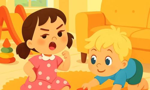 Există două personaje principale: Maria, o fetiță de 6 ani cu părul castaniu și ochi strălucitori, îmbrăcată într-o rochie roz cu buline albe, stând pe un covor pufos și râzând cu poftă, și Andrei, un băiat de 4 ani cu părul blond ciufulit și ochi albaștri curioși, îmbrăcat într-un tricou albastru și pantaloni scurți verzi, căutând un cub sub canapea. Acțiunea se desfășoară într-o cameră de copil luminoasă, cu pereți vopsiți în galben pastel, jucării colorate împrăștiate pe podea și un tobogan roșu într-un colț. Soarele pătrunde printr-o fereastră, iluminând zâmbetele copiilor. Maria și Andrei se joacă împreună, râzând și schimbându-și rolurile de frate și soră, Maria făcând o grimasă amuzantă în timp ce Andrei o imită pe sora cea mare serioasă, creând o atmosferă veselă și jucăușă.