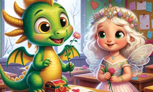 Ein kleiner grüner Drache namens Lio, mit leuchtenden Augen wie Honigkugeln, steht fröhlich im Zentrum eines für den Valentinstag dekorierten Klassenzimmers. Er lächelt breit, seine kleinen Flügel ausgebreitet, und hält eine zarte Veilchenblume in seinen Vorderpfoten, voller Enthusiasmus und Neugier. Neben ihm steht eine Prinzessin namens Mira, gekleidet in ein glitzerndes, buntes Papierkleid, und schaut Lio mit einem warmen Lächeln an. Ihre Haare wehen wie Baumwollwolken, und sie hält eine Rose in der Hand, träumerisch und freundlich. Das Klassenzimmer ist mit Papierherzen, bunten Girlanden und Kinderzeichnungen geschmückt. Eine große Holzkiste mit herzförmigen Mustern steht auf einem Tisch, offen und zeigt Briefe und Blumen im Inneren. Lio und Mira bereiten sich darauf vor, Botschaften der Freundschaft und Freundlichkeit zu teilen, umgeben von einer fröhlichen und festlichen Atmosphäre voller lebendiger Farben und strahlender Lächeln.