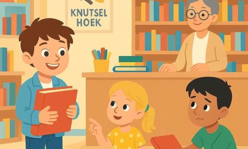 Een glimlachende en opgeluchte 10-jarige Tim met warrig bruin haar en bruine ogen, in lichtblauwe jas en jeans, houdt een groot rood boek tegen zijn borst en kijkt naar een stapel boeken; een ongeveer 8-jarig meisje met blonde couettes en een gele stippenjurk zit in een fauteuil naast hem en wijst nieuwsgierig naar de knutselhoek; een ongeveer 11-jarige jongen met kort zwart haar en groen T-shirt, verlegen, hurkt bij een knutseltafeltje en reikt een boek naar Tim; een vrouwelijke bibliothecaris van ~45 met grijs haar in een knot, ronde bril en beige blouse staat trots glimlachend achter de balie; plaats: lichte pastelbibliotheek met lichte houten kasten, kleurrijke boeken, knutseltafel met potten potloden en scharen en een poster "detective workshop"; hoofdscène: Tim vindt het verdwenen boek op een kleine stapel bij de knutselhoek, warme speelse sfeer, personages in een halve cirkel rond de stapel.