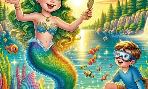 Una sirena dai lunghi capelli verdi brillanti, con una coda scintillante dai colori dell'arcobaleno, nuota gioiosamente nelle acque cristalline di un lago magico. Il suo viso esprime gioia ed eccitazione mentre tiene un pettine dorato tra le mani, pronta a cantare. Accanto a lei, un ragazzo di nove anni di nome Leo, con capelli castani e occhiali da sub, osserva con meraviglia. Indossa una maglietta blu e un pantaloncino colorato, e sta battendo delicatamente su una pietra per creare una melodia. Il decor è un lago soleggiato, circondato da magnifiche alghe colorate che danzano al ritmo dell'acqua, mentre pesci multicolori nuotano intorno a loro. I raggi di sole filtrano attraverso la superficie, illuminando la scena con una luce dorata. La sirena e Leo sono al centro dell'immagine, circondati da un'atmosfera gioiosa e magica, catturando lo spirito di avventura e amicizia del loro incontro.