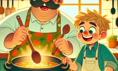 In een warme en kleurrijke keuken staat chef Karel, een joviale man van een vijftigtal met een grote bruine snor en een schort met groentepatronen, enthousiast te roeren in een grote pan soep op het vuur. Zijn ogen stralen van vreugde en zijn gezicht is verlicht door de passie voor koken. Naast hem staat Timmy, een 8-jarig jongetje met tousled blond haar en een gezicht vol nieuwsgierigheid. Hij draagt een groot schort dat bijna tot zijn knieën valt en houdt een houten lepel vast, klaar om de chef te helpen. Timmy kijkt vol verwondering naar de soep, ongeduldig om hun creatie te proeven. De keuken is gevuld met levendige kleuren: planken vol specerijpotten, verse groenten op het aanrecht en glanzende keukengerei aan de muur. Het zonlicht valt door een raam en verlicht de ruimte met een zachte warmte. In deze scène bereiden Karel en Timmy samen een heerlijke soep, delen ze lachen en momenten van samenzijn, wat de magie van koken en leren illustreert.