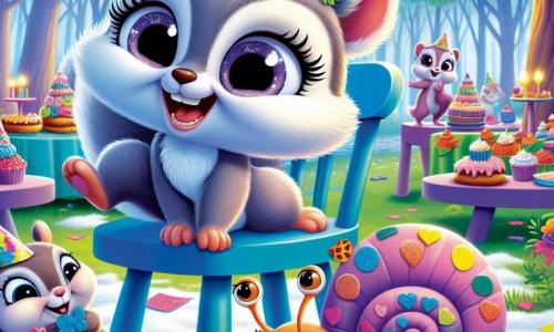 Lila, una pequeña ardilla gris con pelaje suave y sedoso, con grandes ojos brillantes de curiosidad, se desliza alegremente sobre una silla azul decorada con flores de papel, una sonrisa radiante ilumina su rostro. Junto a ella, Paco, un caracol con un caparazón colorido lleno de sellos, se retuerce de risa, sus antenas vibrando de emoción, mientras intenta mantener el equilibrio sobre una pequeña pila de cartas. El decorado es un parque encantado, donde majestuosos árboles con hojas verdes vibrantes se alzan, y donde una suave y ligera nevada cubre el suelo, creando un contraste mágico con los colores vivos de las decoraciones de la fiesta. La escena representa una alegre fiesta de San Valentín, donde los amigos del bosque se reúnen alrededor de mesas llenas de golosinas, intercambiando sonrisas y risas, celebrando la amistad y el amor en un ambiente cálido y festivo.