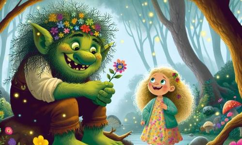 Ein Troll namens Grummel, mit grüner Haut und funkelnden Augen, sitzt am Rand eines kleinen Teiches, ein breites Lächeln auf seinem Gesicht. Seine zerzausten Haare ähneln Algen, und er hält eine bunte Blume in der Hand, während er Lila wohlwollend ansieht. Lila, ein zehnjähriges Mädchen mit lockigem, blondem Haar, trägt ein buntes Kleid und Gummistiefel. Sie steht mit leuchtenden Augen voller Aufregung da, bereit, den geheimnisvollen Sumpf zu erkunden. Der Ort ist ein mysteriöser Sumpf, umhüllt von leichtem Nebel, wo knorrige Bäume majestätisch emporragen. Bunte Blumen wachsen um den Teich, und Glühwürmchen tanzen in der Luft, was der Atmosphäre einen Hauch von Magie verleiht. Die Hauptsituation zeigt Grummel und Lila, die fröhlich diskutieren, während sie sich darauf vorbereiten, die Geheimnisse des Sumpfes zu lösen, umgeben von der verzauberten Schönheit der Natur.