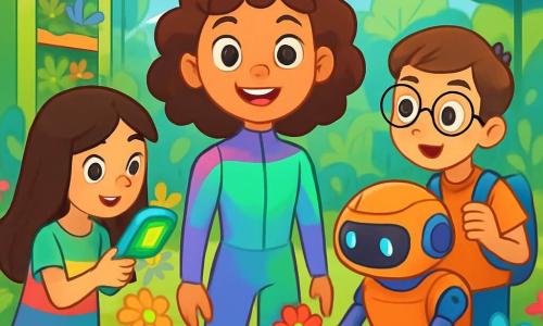 Uma menina de 10 anos, Clara, com grandes olhos brilhantes e cabelos cacheados, está no centro da imagem, sorridente e cheia de encantamento. Ela veste um uniforme futurista nas cores lilás e verdes, que muda de tom conforme seu humor. Ao lado dela, um garoto da mesma idade, Theo, com óculos redondos e cabelos castanhos, observa um robô jardineiro que planta flores, seu rosto iluminado pela curiosidade. Um pouco mais longe, uma menina chamada Íris, com cabelos longos e lisos, vestida com um vestido colorido, usa um aparelho para escanear plantas, concentrada e entusiasmada. O cenário é um jardim futurista, repleto de jardins verticais luxuriantes, robôs coloridos e painéis solares brilhantes, sob um céu azul claro salpicado de nuvens em forma de coração. Flores luminosas e árvores com folhas cintilantes adicionam um toque mágico ao ambiente. A cena principal mostra Clara e seus amigos trabalhando juntos para ajudar um robô a plantar sementes, criando um jardim em forma de coração, enquanto riem e se divertem neste mundo vibrante e tecnológico.