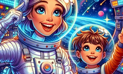 Astronautka, uśmiechnięta i zachwycona, unosi się w stacji kosmicznej. Ma na sobie błyszczącą białą skafander z niebieskimi akcentami i przezroczysty hełm, który odsłania jej radosną twarz. Jej oczy błyszczą z ekscytacji, gdy obserwuje gwiazdy przez duże okno. Obok niej stoi 6-letni chłopiec, Krzyś, z rozczochranymi brązowymi włosami, który z fascynacją patrzy. Ma na sobie miniaturowy skafander, za duży dla niego, co czyni go jeszcze bardziej urokliwym. Wskazuje na jasną gwiazdę, jego oczy są szeroko otwarte z ciekawości. Stacja kosmiczna wypełniona jest kolorowymi panelami sterującymi, migającymi światłami i okrągłymi oknami z widokiem na gwiaździste niebo. W oddali widać kolorowe planety, co dodaje magii przestrzeni. W tej scenie astronautka i mały chłopiec dzielą chwilę odkrycia, zachwyceni pięknem kosmosu i marzący o przyszłych przygodach wśród gwiazd.