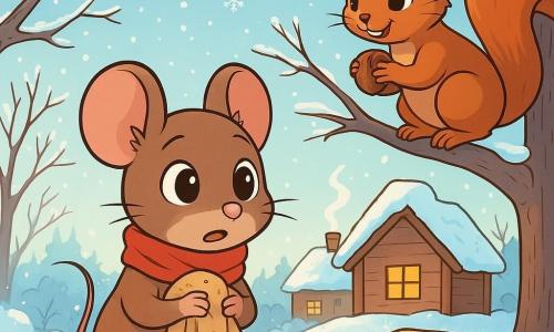 Eine kleine braune Maus namens Mina mit großen neugierigen Augen und einer kleinen rosa Nase steht auf einem glitzernden Schneehaufen, ihre Miene ist sowohl erstaunt als auch ein wenig ängstlich. Sie trägt ein kleines rotes Halstuch und hält ihr Kuscheltier, ein altes Stück Stoff, fest umschlungen. In der Nähe klettert ein rotes Eichhörnchen mit buschigem Schwanz und funkelnden Augen auf einen Ast, lächelt Mina freundlich an und hält eine Nuss in seinen kleinen Pfoten. Die Szene spielt in einem winterlichen Garten mit kahlen Bäumen, deren Äste mit Reif bedeckt sind, während sanfte Schneeflocken vom hellblauen Himmel fallen. Mina, obwohl nervös, nähert sich einer kleinen Futterstation voller Samen und Brotkrumen, bereit, einen mutigen Schritt zur Nahrung zu machen, während die untergehende Sonne die Szene in warmes goldenes Licht taucht.