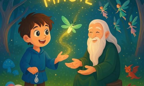 Mircea, un băiat de 10 ani, ucenic vrăjitor, privește uimit cu ochii mari și strălucitori ținând o mică amuletă argintie și făcând un pas în centrul unei poieniuri; Lira, un licurici luminos cu aripi verzi translucide, plutește deasupra palmei lui și presară praf de aur care se transformă în litere plutitoare deasupra unui elf bătrân cu barbă albă, așezat pe o ciotă și zâmbind, înconjurați de creaturi magice — un unicorn alb cu coamă irizată care pascâ iarba sclipitoare la stânga, doi dragonași roșii care se joacă cu fluturi la dreapta și zâne în semicerc în spate; poienița e scăldată într-o lumină aurie, cu iarbă fosforescentă, ciuperci albastre luminoase, copaci răsuciți cu frunze argintii, licurici și modele stelare plutitoare — momentul central: licuriciul face ca praful de aur să formeze un mesaj luminos deasupra elfului în timp ce Mircea, mândru și fascinat, asistă la revelație, într-o atmosferă caldă și magică.