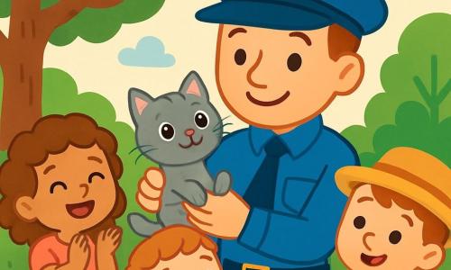 Um policial homem, com um rosto sorridente e benevolente, usa um uniforme azul brilhante e um grande chapéu. Ele segura um pequeno gatinho cinza com olhos brilhantes em seus braços, exibindo uma expressão de orgulho e ternura. Ao seu lado, um grupo de três crianças: uma menina de 5 anos com cabelos cacheados e um vestido rosa, aplaudindo com entusiasmo; um menino de 6 anos, vestindo uma camiseta amarela, que sorri com admiração; e outro menino de 4 anos, com um chapéu de palha, que olha para o gatinho com olhos arregalados. A cena ocorre em um parque verdejante, com árvores frondosas e flores coloridas ao redor. Ao fundo, há uma grande e bela árvore onde o gatinho estava preso. A situação principal mostra o policial sorridente segurando o gatinho, enquanto as crianças o cercam, todas alegres e empolgadas por terem ajudado a salvar o pequeno animal.