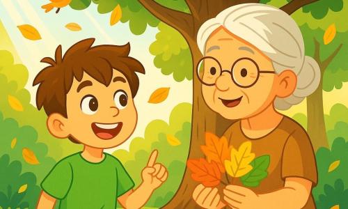 An 8-year-old boy named Oliver, with messy brown hair and curious sparkling eyes, stands in front of a majestic oak tree. He wears a bright green t-shirt and denim shorts, and his face shows joyful determination with a radiant smile. Next to him is an elderly lady, embodying wisdom, with silver hair and round glasses, representing the tree. She is dressed in a natural fabric dress and smiles warmly at Oliver, showing him colorful leaves she holds in her hands. The setting is a lush forest, bathed in golden light, with sunlight filtering through the branches. The ground is scattered with brightly colored leaves, and birds are singing in the trees. The main scene shows Oliver, eyes shining, asking questions to the wise tree while leaves gently fall around them, symbolizing change and the beauty of nature.