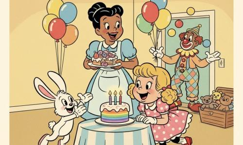 A joyful 4-year-old girl with curly blonde pigtails in a pink polka-dot dress and red patent shoes blows three candles on a rainbow cake while Benny, a small anthropomorphic white rabbit with long floppy ears, claps beside the table; her mother, a brown-haired woman in a bun wearing a pastel apron, stands slightly back holding a plate of cake slices, and a friendly male clown with a red round nose, oversized shoes and multicolored balloons stands near the door; the bedroom is decorated for a party with paper garlands, red, yellow and blue balloons, striped tablecloths, soft light and saturated colors, a warm, dynamic scene centered on the cake in the foreground.
