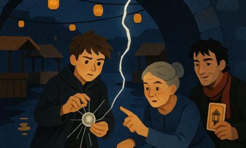 Trzynastoletni czarodziej Nikodem, skoncentrowany i lekko zaniepokojony, z potarganymi brązowymi włosami i wytartym ciemnym płaszczem, trzyma srebrny talizman wysyłający cienkie świetlne niteczki, którymi oplata pęknięcie w powietrzu nad rzeką; obok klęczy około 60‑letnia Pani Róża, siwe włosy w koku, dłonie poplamione złotą kleistą substancją, w aksamitnej sukni, wskazująca palcem na szczelinę, zmęczona lecz zdeterminowana; oparty o filar mostu siedzi Kartomanta, około 35 lat, z niechlujnymi czarnymi włosami i czerwonym szalikiem, trzyma kartę z rysunkiem latarni, uśmiechając się kątem ust i obserwując scenę; miejsce — noc pod starym kamiennym mostem, wiszące latarnie, ciemna woda odbijająca lampiony, porozrzucane deski i złożone stragany przy brzegu, przez powietrze nad rzeką przebiega przejrzyste świetliste pęknięcie; główna sytuacja — troje postaci naprawia niewidzialną szczelinę, nitki światła wydobywające się z talizmanu delikatnie się wokół niej owijają, cofają się poszarpane cienie; nastrój magiczny i spokojny, kontrastujące kolory: głęboki nocny błękit, jasne srebro oraz ciepłe akcenty żółci i czerwieni.
