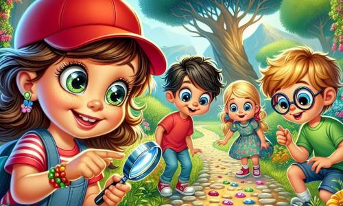 An 8-year-old girl, Emma, with sparkling eyes and a big smile, wears a red cap and holds a magnifying glass. She stands on a mysterious path, her slightly wavy brown hair falling on her shoulders. Next to her, Max, an 8-year-old boy with round glasses and messy blonde hair, curiously looks at the shiny stones. Lily, a 7-year-old girl with braids and a floral dress, points at the stones, her eyes wide with excitement. Sam, an 8-year-old boy in a green t-shirt and shorts, leans in to examine the stones closely. The setting is a green park with tall trees, colorful flowers, and a dirt path lined with bushes. In the distance, a majestic oak tree can be seen. The main scene shows the group of friends, intrigued, following a line of small shiny stones leading to a secret path, their faces lit up by adventure and mystery.