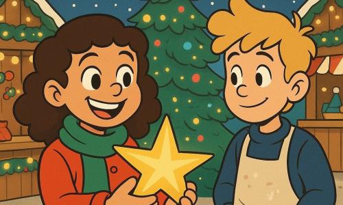 A 12-year-old girl named Maya, with curly brown hair and a big warm smile, holds a shiny golden star in her hands. She is wearing a bright red coat and a green scarf, her eyes sparkling with joy. Next to her, a teenage boy named Ethan, with tousled blond hair and an apron dusted with flour, looks at the star with a shy smile. He stands slightly back, hands in his pockets. They are in the center of a bustling Christmas market, surrounded by wooden stalls decorated with string lights and gently falling snowflakes. In the background, a large illuminated Christmas tree stands, its branches adorned with colorful baubles and twinkling garlands. The scene captures the moment when Maya and Ethan are about to place the star back on top of the tree, symbolizing the magic and spirit of Christmas.